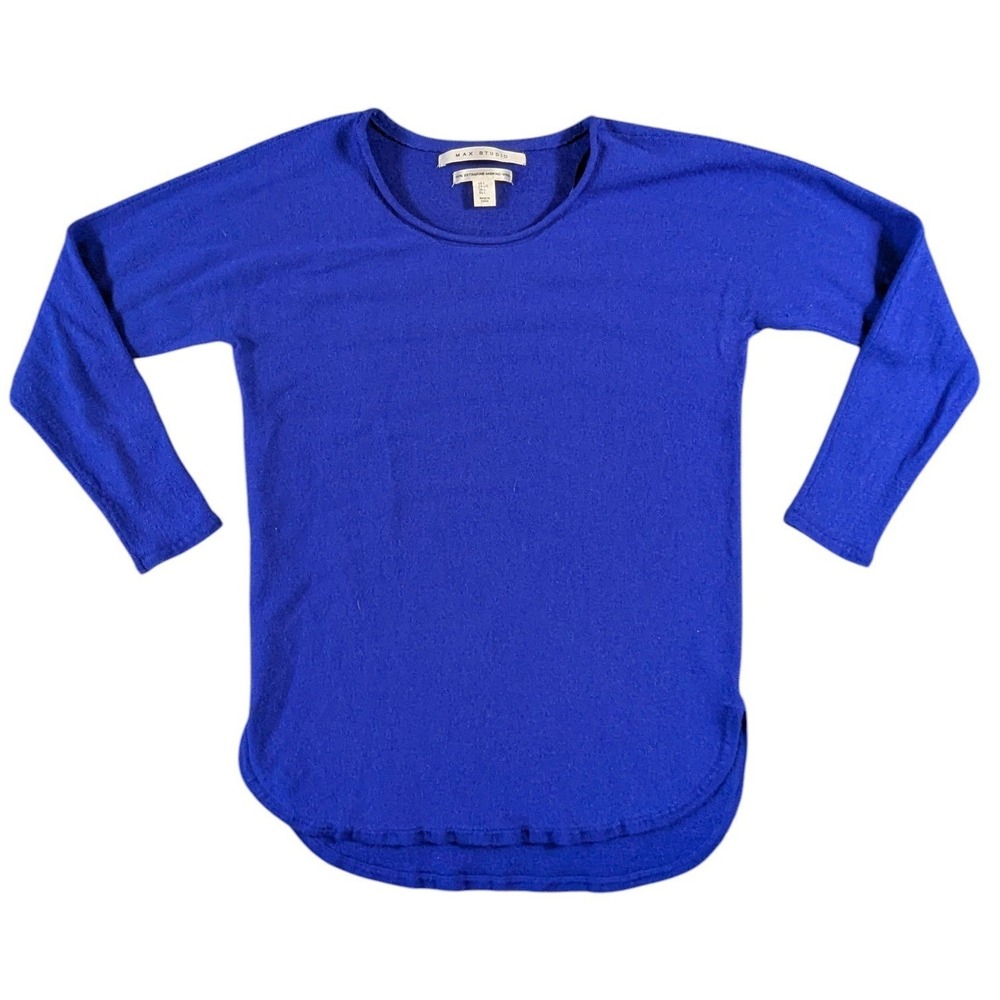 Max Studio Merino Wool Blue Sweater Scoop Neck Pullover Large Cobalt Knit Top